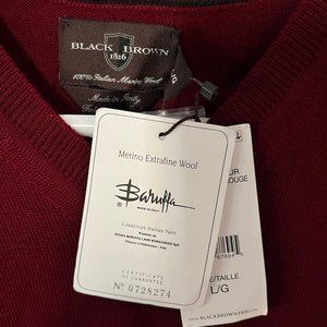 Black Brown 1826 Merino Wool V-Neck Knit Sweater Large Red Wine Mens